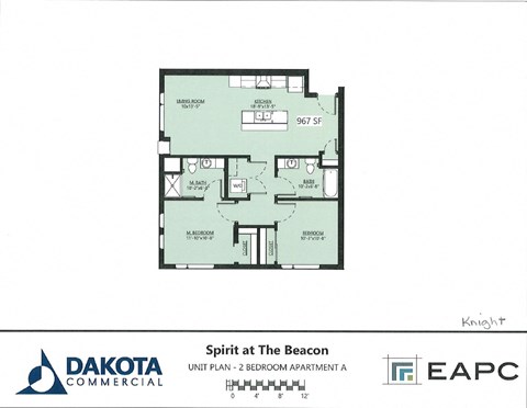 Floor plan for 2 beds, 2 baths, 957 sqft